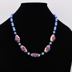 Vintage Painted Glass Beaded Necklace Blue Butterfly Heavy Chunky 1970s Bin7B